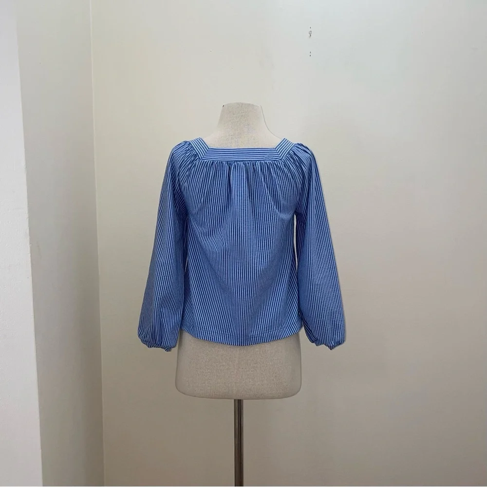 J. Crew Blue/White Striped Seersucker Square-Neck Top Size XS Coastal Beach Boho